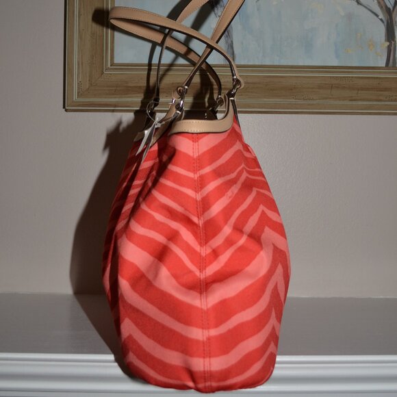 Coach NEW orange Devin Stripe Signature Exotic colorful leather strap tote bag - Picture 3 of 15